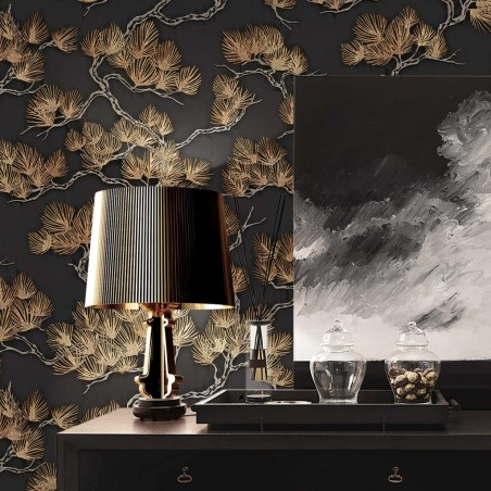 DUTCH WALLCOVERINGS Papel de pared pino negro y dorado