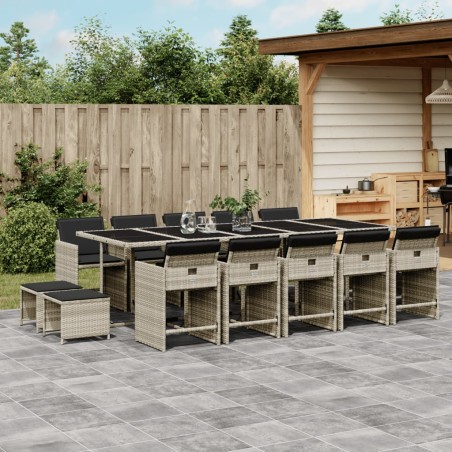 vidaXL Set comedor jardín y cojines 15 pzas ratán sintético gris claro
