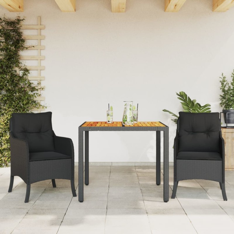 vidaXL Set comedor de jardín 3 pzas con cojines ratán sintético negro