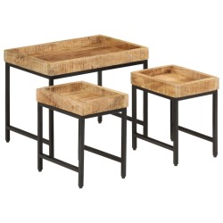 vidaXL Mesas apilables 3 piezas madera de mango rugosa maciza y hierro