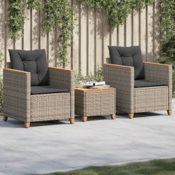 vidaXL Mesita y sillas con cojines 3 pzas ratán PE madera acacia gris