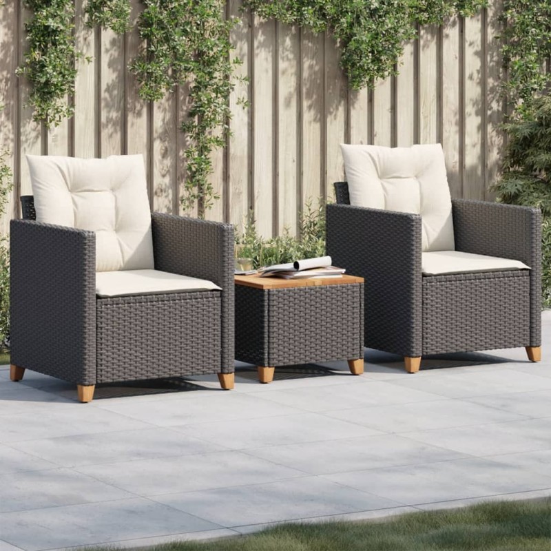 vidaXL Mesita y sillas con cojines 3 pzas ratán PE madera acacia negro vidaXL Mesita y sillas con cojines 3 pzas ratán PE madera acacia negro