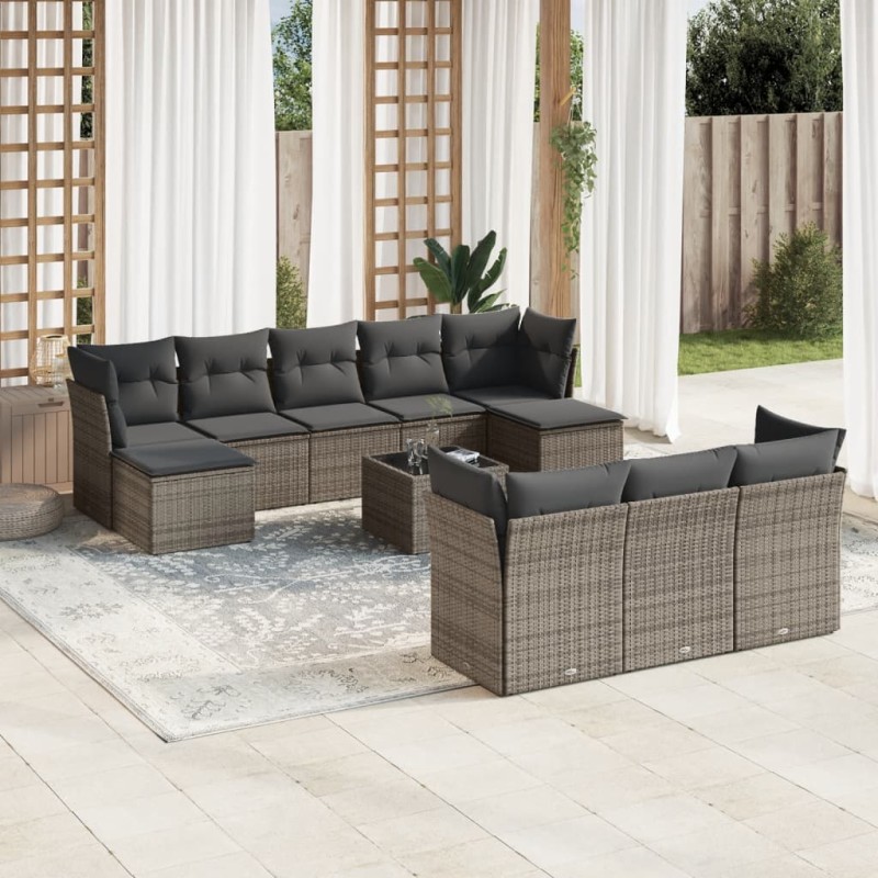 vidaXL Set de sofás de jardín 11 pzas y cojines ratán sintético gris vidaXL Set de sofás de jardín 11 pzas y cojines ratán sintético gris