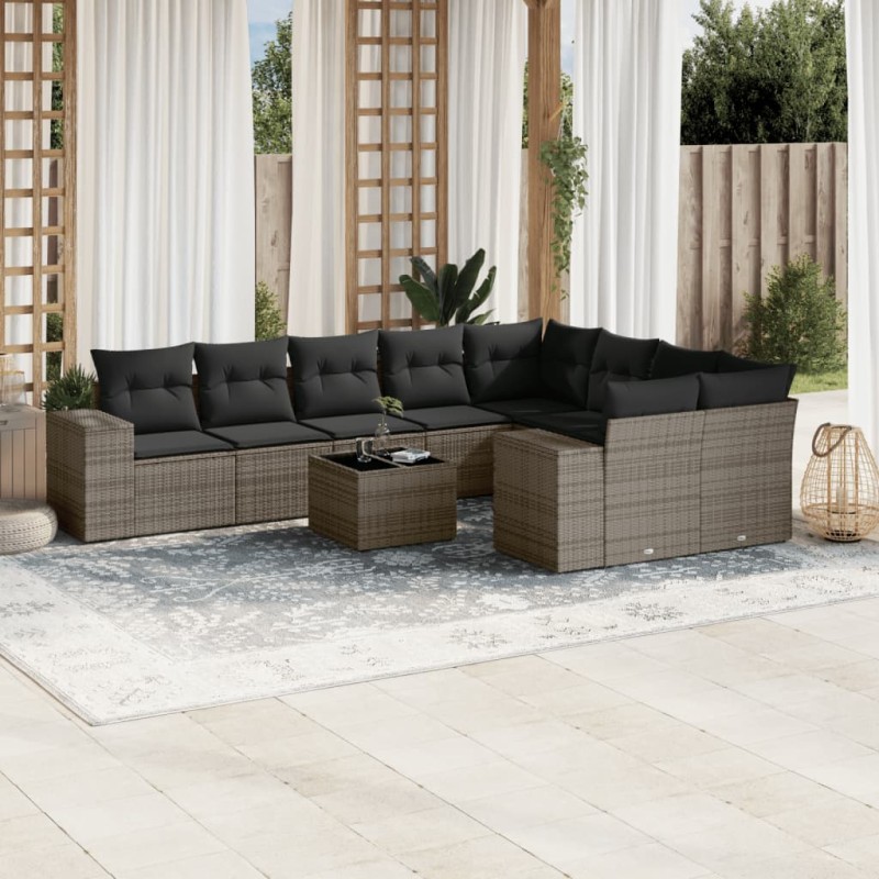 vidaXL Set de sofás de jardín 10 pzas con cojines ratán sintético gris vidaXL Set de sofás de jardín 10 pzas con cojines ratán sintético gris