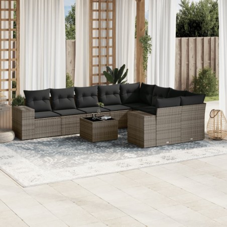 vidaXL Set de sofás de jardín 10 pzas con cojines ratán sintético gris