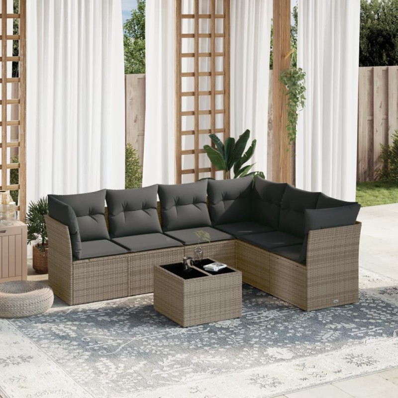 vidaXL Set de sofás de jardín 7 piezas con cojines ratán PE gris vidaXL Set de sofás de jardín 7 piezas con cojines ratán PE gris
