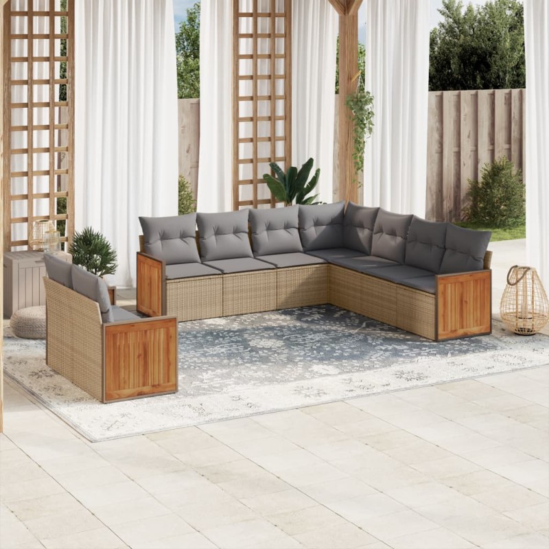 vidaXL Set de sofás de jardín 9 pzas con cojines ratán sintético beige vidaXL Set de sofás de jardín 9 pzas con cojines ratán sintético beige
