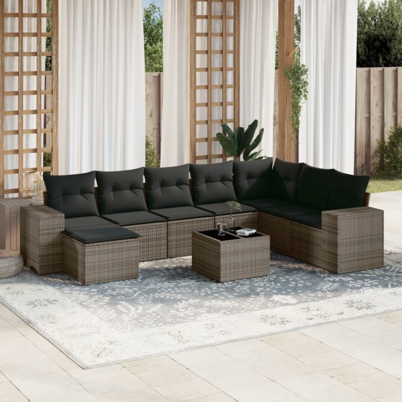 vidaXL Set de muebles de jardín 9 pzas y cojines ratán sintético gris