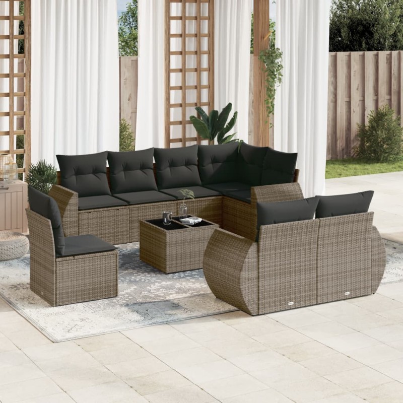 vidaXL Set de muebles de jardín 9 pzas y cojines ratán sintético gris vidaXL Set de muebles de jardín 9 pzas y cojines ratán sintético gris