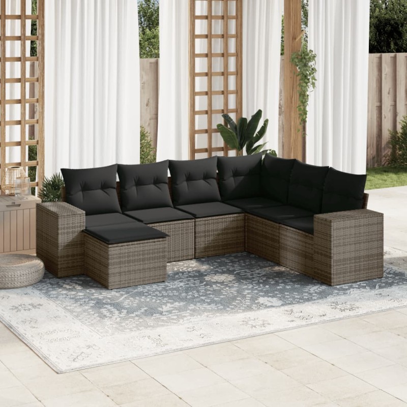 vidaXL Set de sofás de jardín 7 piezas con cojines ratán PE gris vidaXL Set de sofás de jardín 7 piezas con cojines ratán PE gris