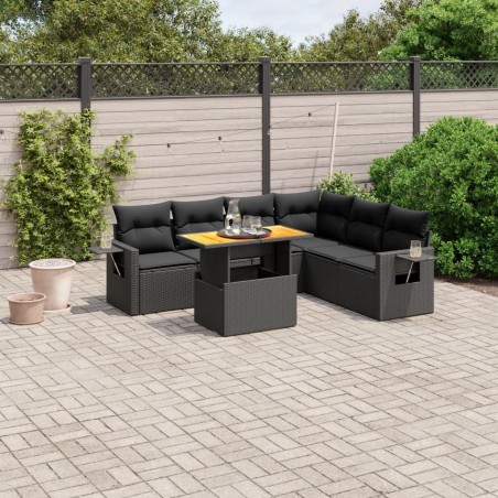 vidaXL Set de comedor de jardín 7 pzas y cojines ratán sintético negro