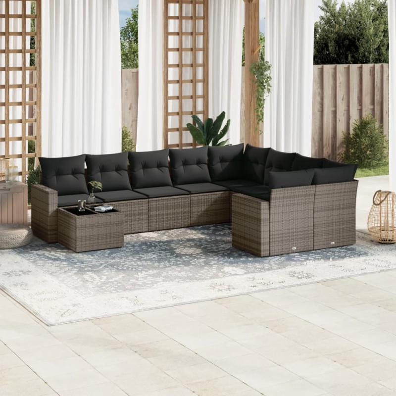 vidaXL Set de sofás de jardín 10 pzas con cojines ratán sintético gris vidaXL Set de sofás de jardín 10 pzas con cojines ratán sintético gris