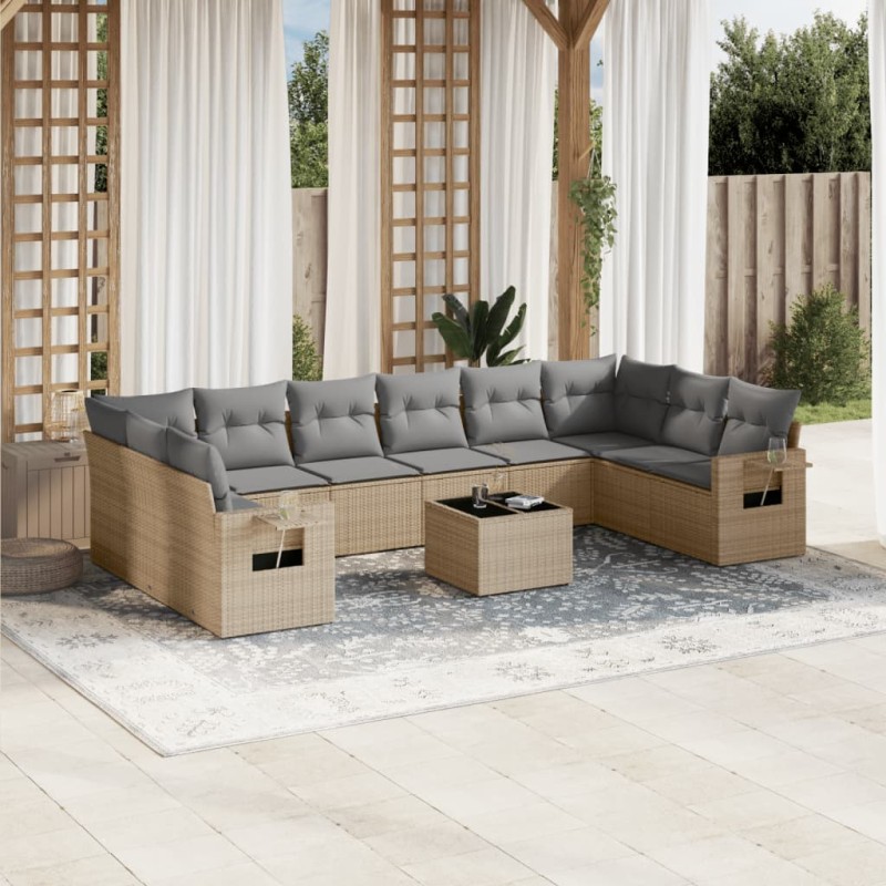 vidaXL Set de sofás de jardín 11pzas con cojines ratán sintético beige vidaXL Set de sofás de jardín 11pzas con cojines ratán sintético beige