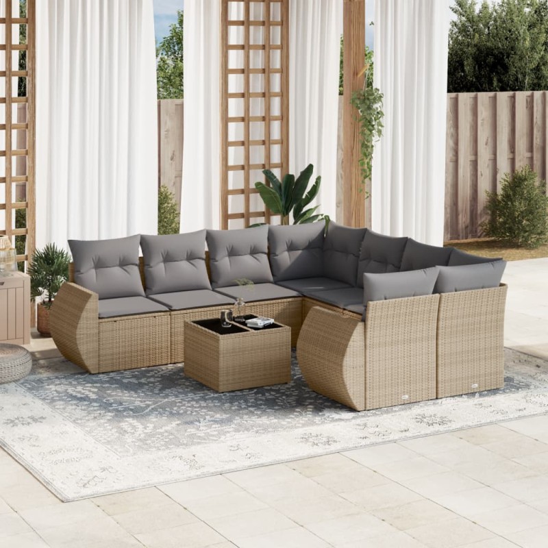vidaXL Set de sofás de jardín 9 pzas con cojines ratán sintético beige vidaXL Set de sofás de jardín 9 pzas con cojines ratán sintético beige