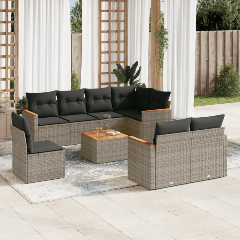 vidaXL Set de muebles de jardín 9 pzas y cojines ratán sintético gris vidaXL Set de muebles de jardín 9 pzas y cojines ratán sintético gris
