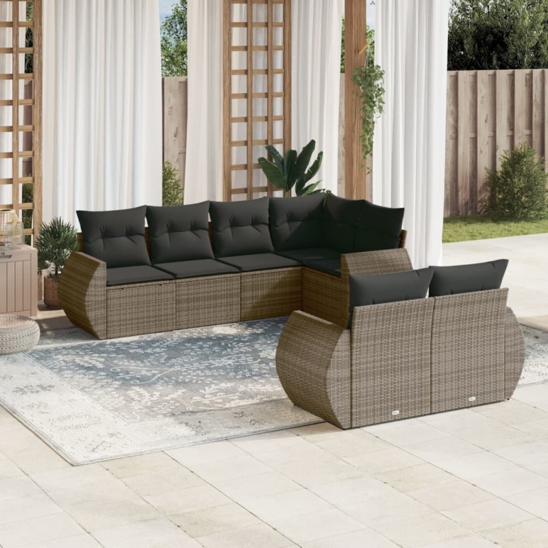 vidaXL Set de sofás de jardín 7 piezas con cojines ratán PE gris vidaXL Set de sofás de jardín 7 piezas con cojines ratán PE gris