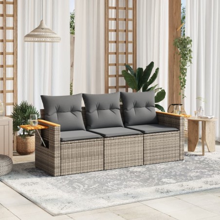 vidaXL Set de sofá de jardín 3 pzas y cojines ratán sintético gris