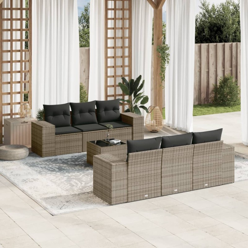 vidaXL Set de sofás de jardín 7 piezas con cojines ratán PE gris vidaXL Set de sofás de jardín 7 piezas con cojines ratán PE gris