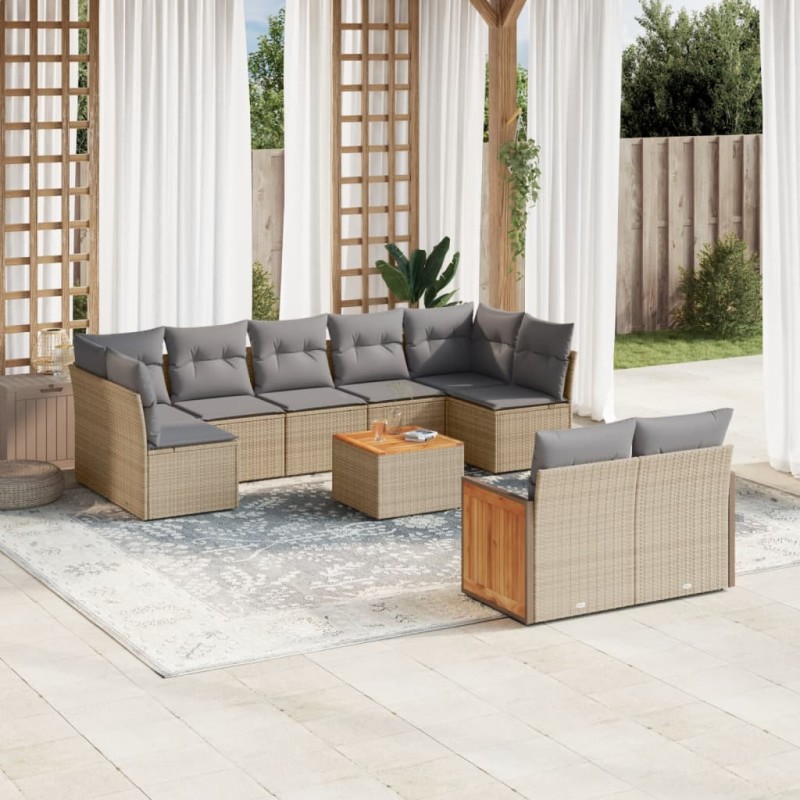 vidaXL Juego de sofás jardín con cojines beige 10 pzas ratán sintético