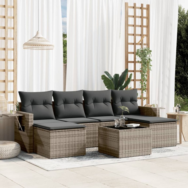 vidaXL Set de sofás de jardín 7 piezas con cojines ratán PE gris vidaXL Set de sofás de jardín 7 piezas con cojines ratán PE gris