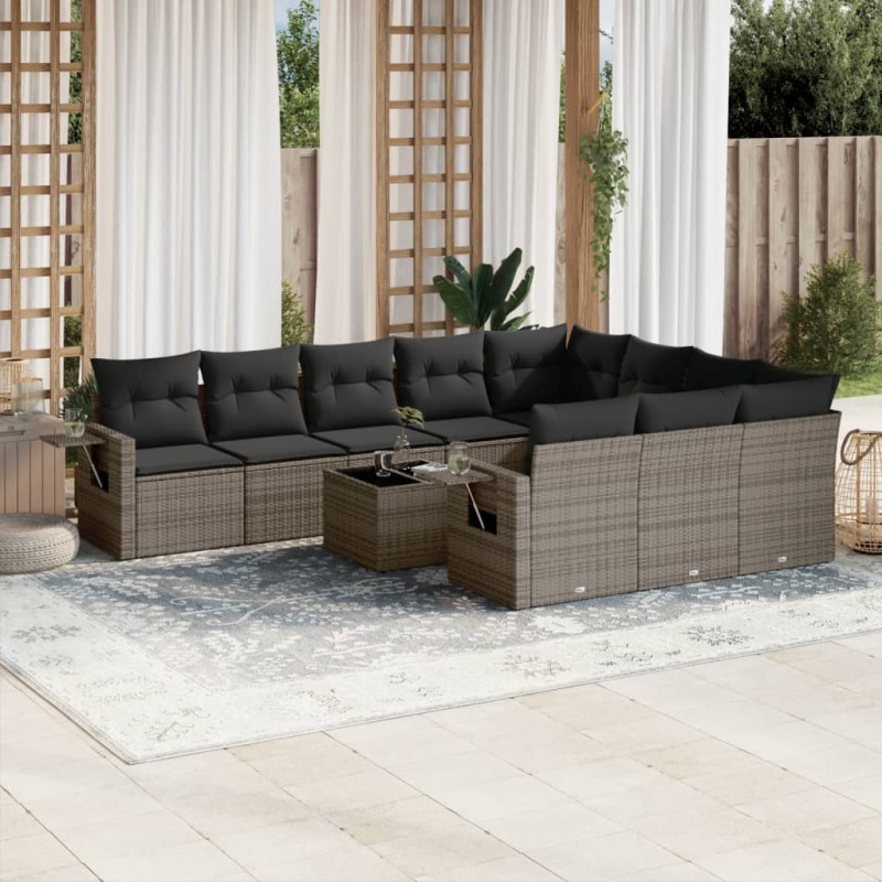 vidaXL Set de sofás de jardín 11 pzas y cojines ratán sintético gris vidaXL Set de sofás de jardín 11 pzas y cojines ratán sintético gris