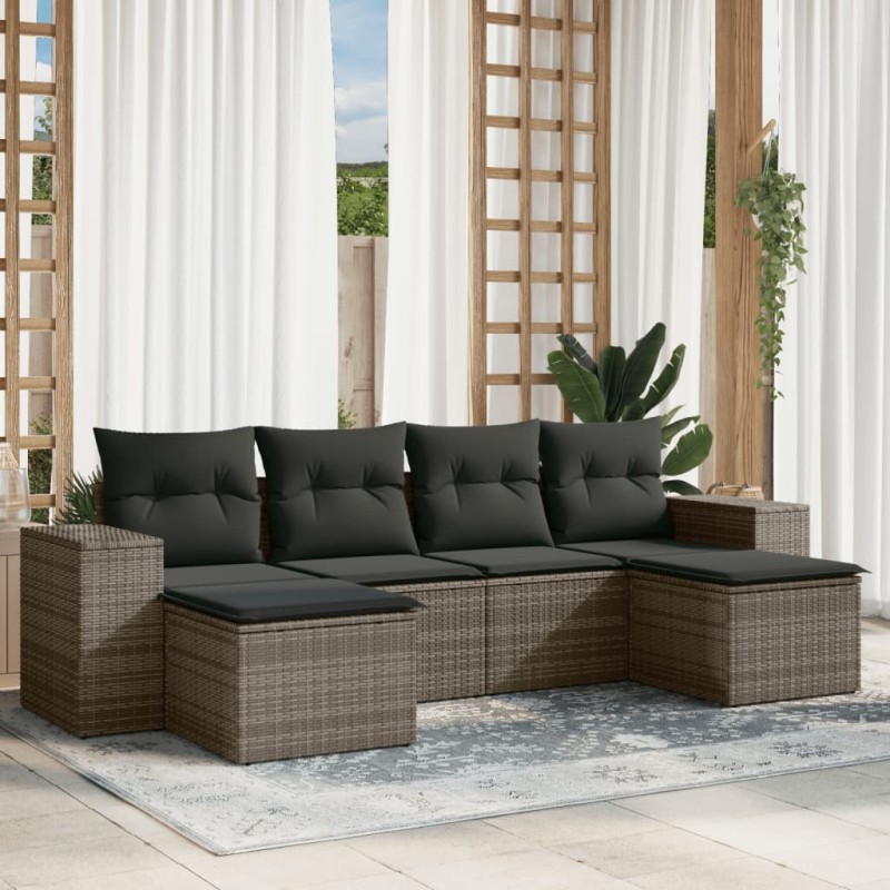 vidaXL Set de muebles de jardín 6 pzas y cojines ratán sintético gris vidaXL Set de muebles de jardín 6 pzas y cojines ratán sintético gris
