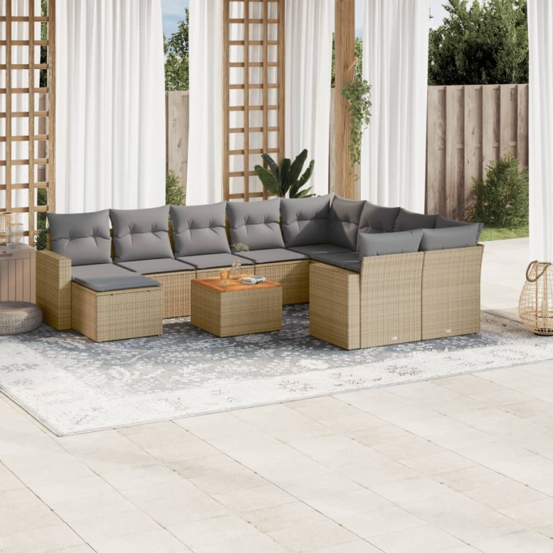vidaXL Juego de sofás jardín con cojines beige mezcla 11 pzas ratán PE
