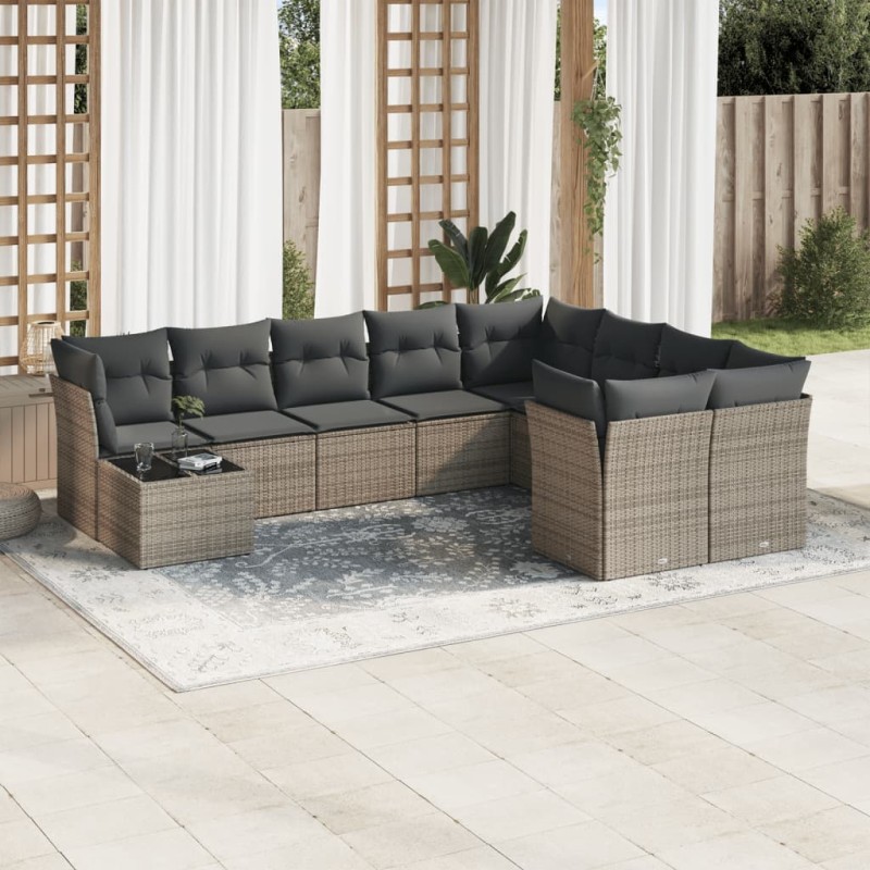 vidaXL Set de sofás de jardín 10 pzas con cojines ratán sintético gris
