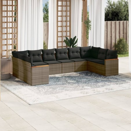 vidaXL Set de sofás de jardín 10 pzas con cojines ratán sintético gris
