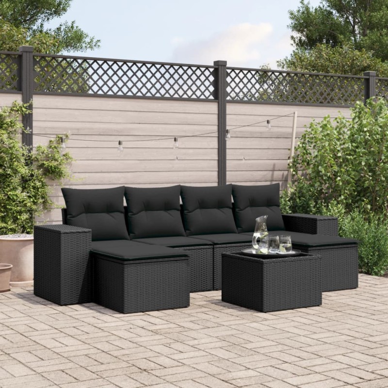 vidaXL Set de comedor de jardín 7 pzas y cojines ratán sintético negro vidaXL Set de comedor de jardín 7 pzas y cojines ratán sintético negro