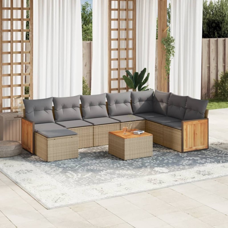 vidaXL Set de sofás de jardín 9 pzas con cojines ratán sintético beige vidaXL Set de sofás de jardín 9 pzas con cojines ratán sintético beige