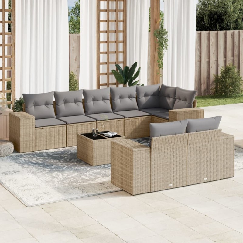 vidaXL Set de sofás de jardín 9 pzas con cojines ratán sintético beige vidaXL Set de sofás de jardín 9 pzas con cojines ratán sintético beige