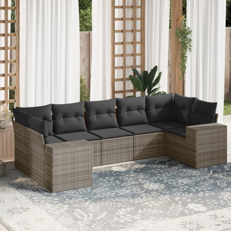 vidaXL Set de sofás de jardín 7 piezas con cojines ratán PE gris vidaXL Set de sofás de jardín 7 piezas con cojines ratán PE gris
