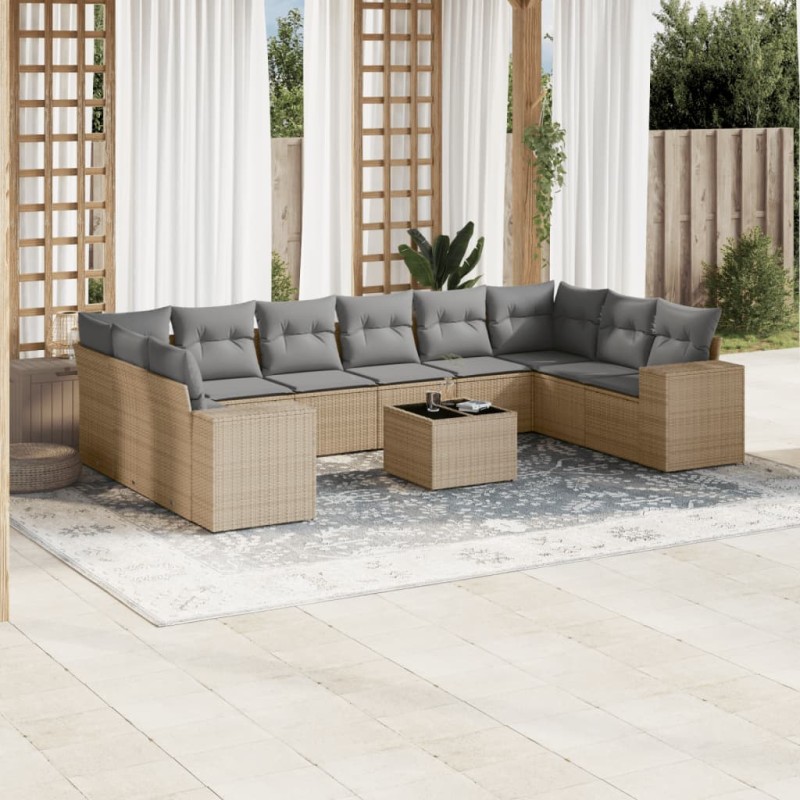 vidaXL Set de sofás de jardín 11pzas con cojines ratán sintético beige vidaXL Set de sofás de jardín 11pzas con cojines ratán sintético beige
