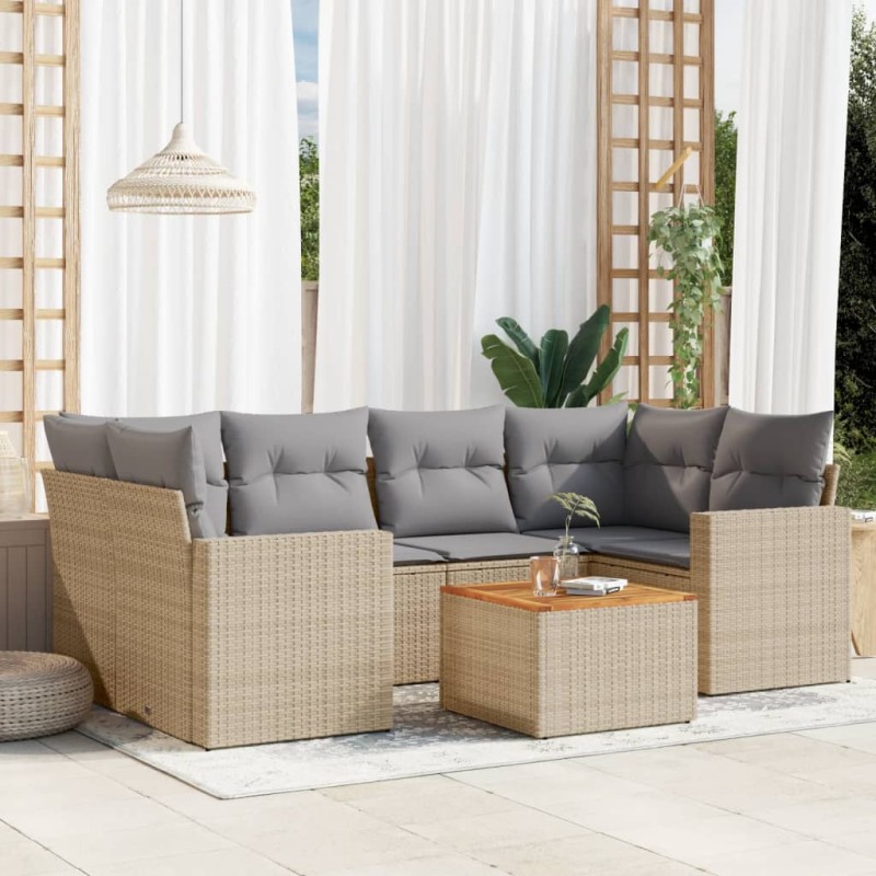 vidaXL Juego de sofás jardín con cojines beige mezcla 7 pzas ratán PE vidaXL Juego de sofás jardín con cojines beige mezcla 7 pzas ratán PE