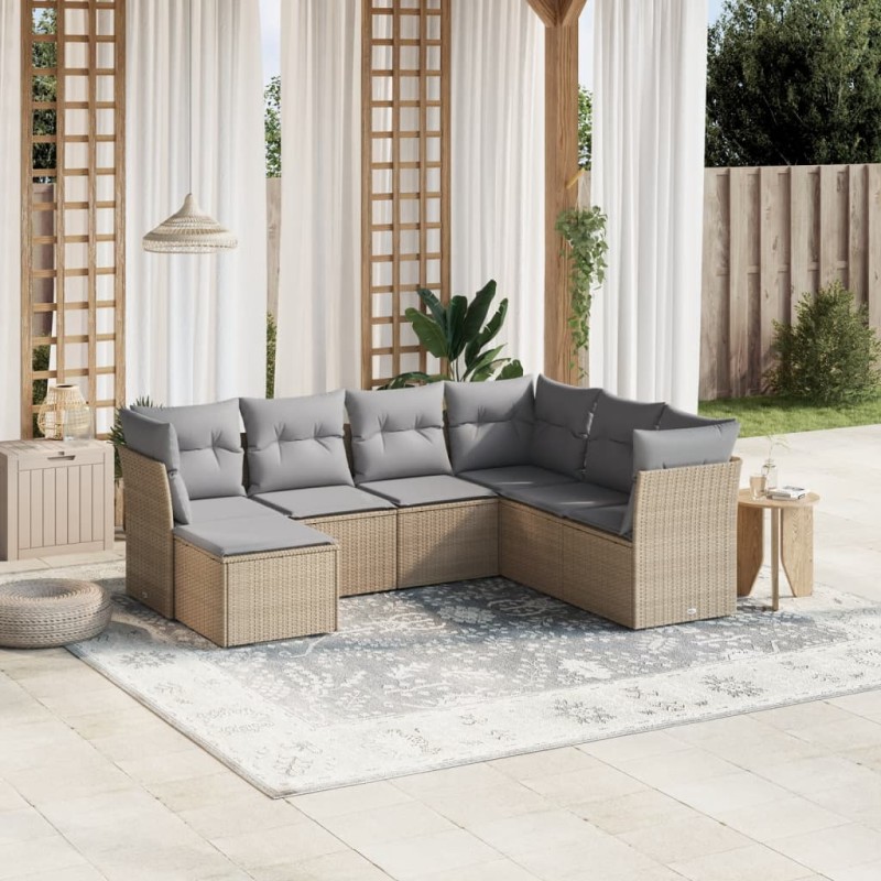 vidaXL Juego de sofás jardín con cojines beige mezcla 7 pzas ratán PE vidaXL Juego de sofás jardín con cojines beige mezcla 7 pzas ratán PE