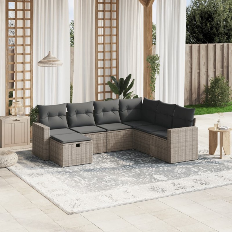vidaXL Set de sofás de jardín 7 piezas con cojines ratán PE gris vidaXL Set de sofás de jardín 7 piezas con cojines ratán PE gris