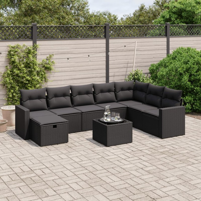 vidaXL Set de sofás de jardín 8 piezas y cojines ratán sintético negro vidaXL Set de sofás de jardín 8 piezas y cojines ratán sintético negro
