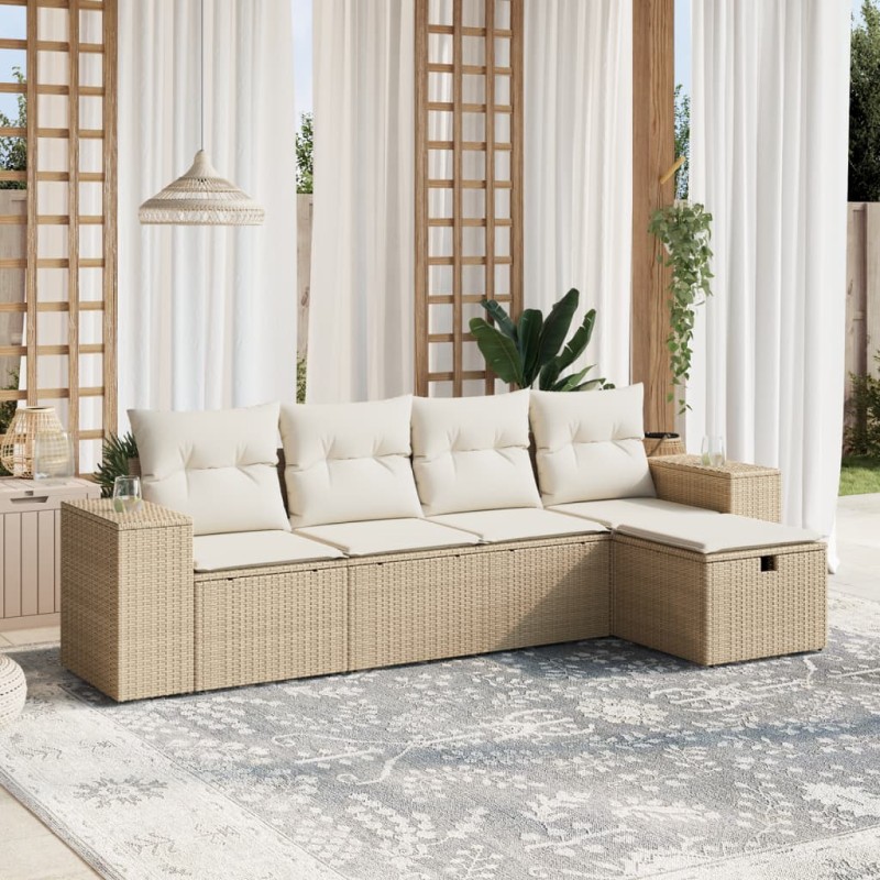 vidaXL Juego de sofás jardín con cojines 5 pzas ratán sintético beige vidaXL Juego de sofás jardín con cojines 5 pzas ratán sintético beige