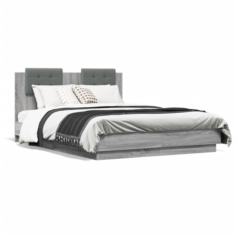 vidaXL Estructura de cama cabecero luces LED gris Sonoma 140x190 cm vidaXL Estructura de cama cabecero luces LED gris Sonoma 140x190 cm