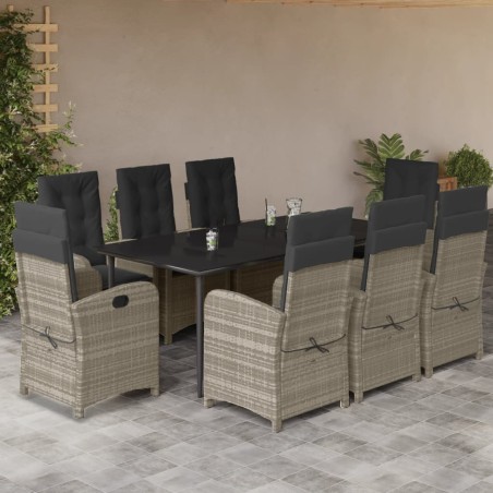 vidaXL Set comedor de jardín 9 pzas cojines ratán sintético gris claro