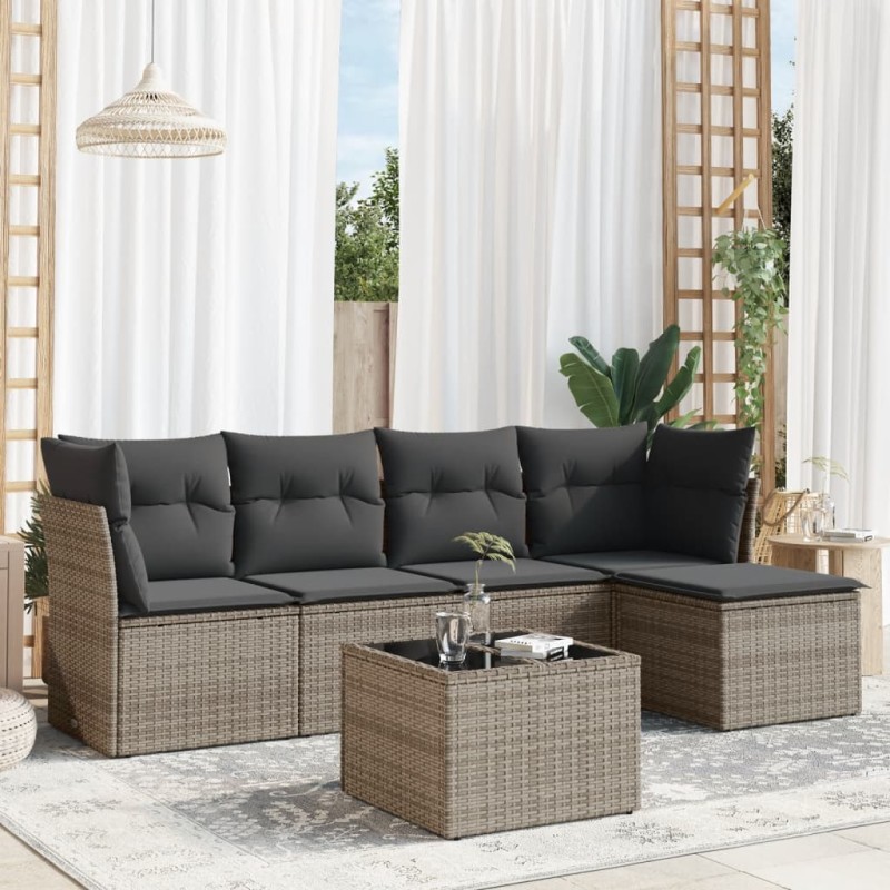 vidaXL Set de muebles de jardín 6 pzas y cojines ratán sintético gris vidaXL Set de muebles de jardín 6 pzas y cojines ratán sintético gris