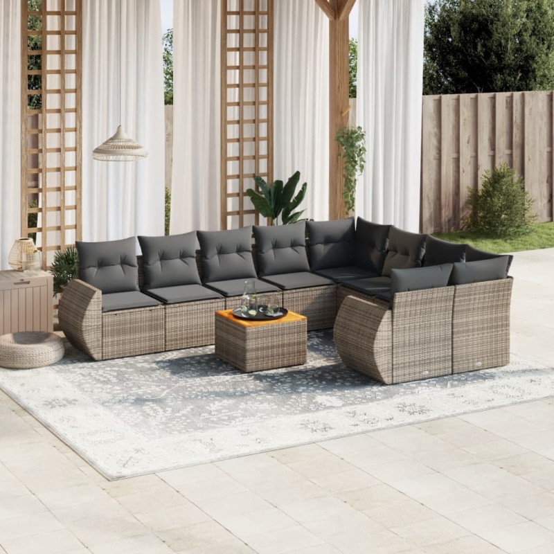 vidaXL Set de sofás de jardín 10 pzas con cojines ratán sintético gris vidaXL Set de sofás de jardín 10 pzas con cojines ratán sintético gris