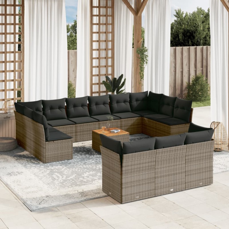 vidaXL Set de sofás de jardín 14 pzas con cojines ratán sintético gris vidaXL Set de sofás de jardín 14 pzas con cojines ratán sintético gris