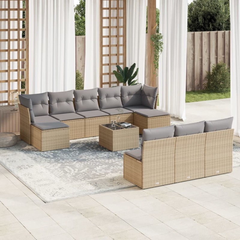 vidaXL Set de sofás de jardín 11pzas con cojines ratán sintético beige vidaXL Set de sofás de jardín 11pzas con cojines ratán sintético beige