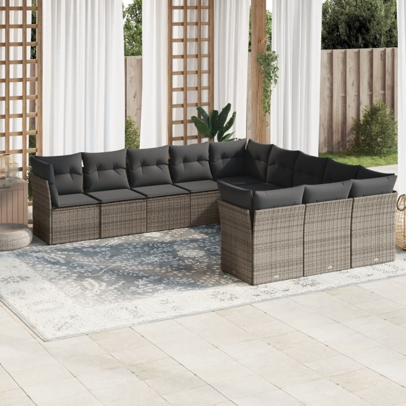vidaXL Set de sofás de jardín 11 pzas y cojines ratán sintético gris vidaXL Set de sofás de jardín 11 pzas y cojines ratán sintético gris