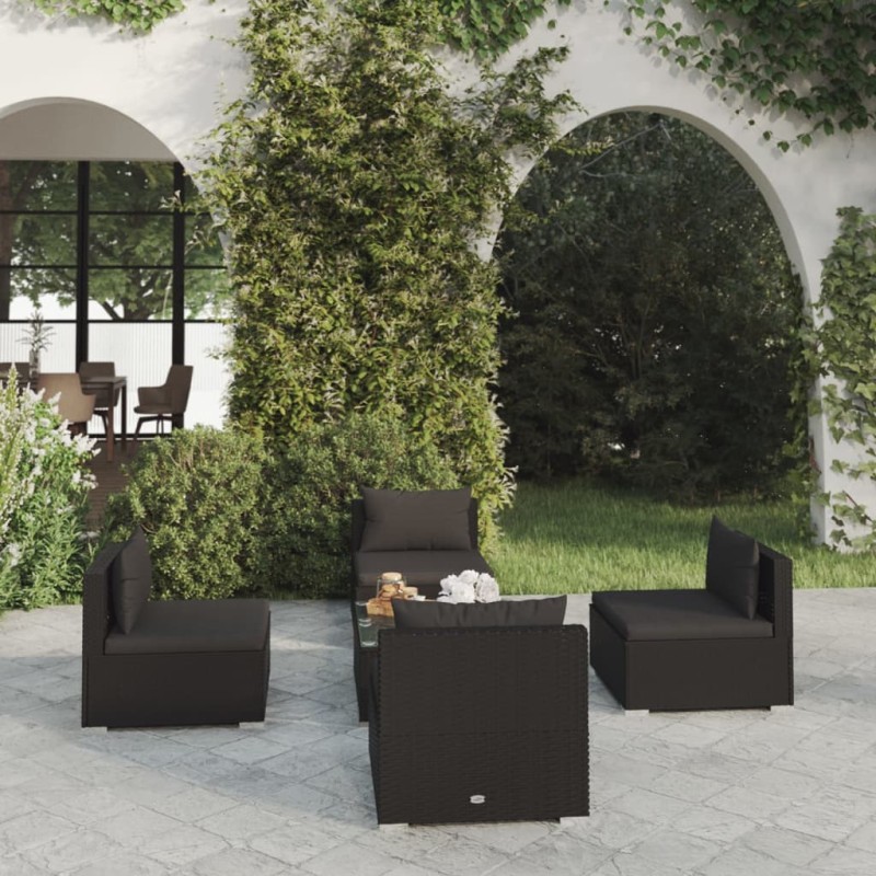 vidaXL Set de sofás de jardín 5 piezas y cojines ratán sintético negro vidaXL Set de sofás de jardín 5 piezas y cojines ratán sintético negro