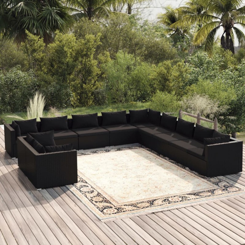 vidaXL Set muebles de jardín 11 pzas y cojines ratán sintético negro vidaXL Set muebles de jardín 11 pzas y cojines ratán sintético negro