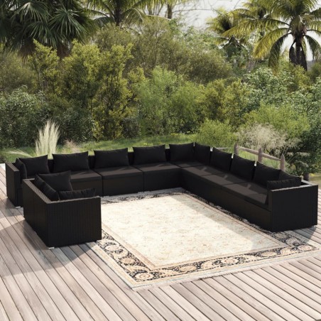vidaXL Set muebles de jardín 11 pzas y cojines ratán sintético negro