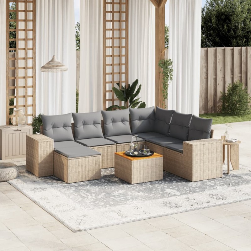 vidaXL Juego de sofás de jardín con cojines beige 8 pzas ratán PE